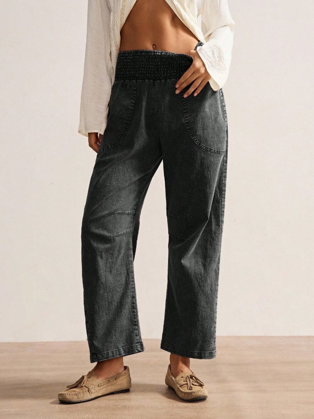 Black Casual Women's Woven Loose Low Waist Pants
